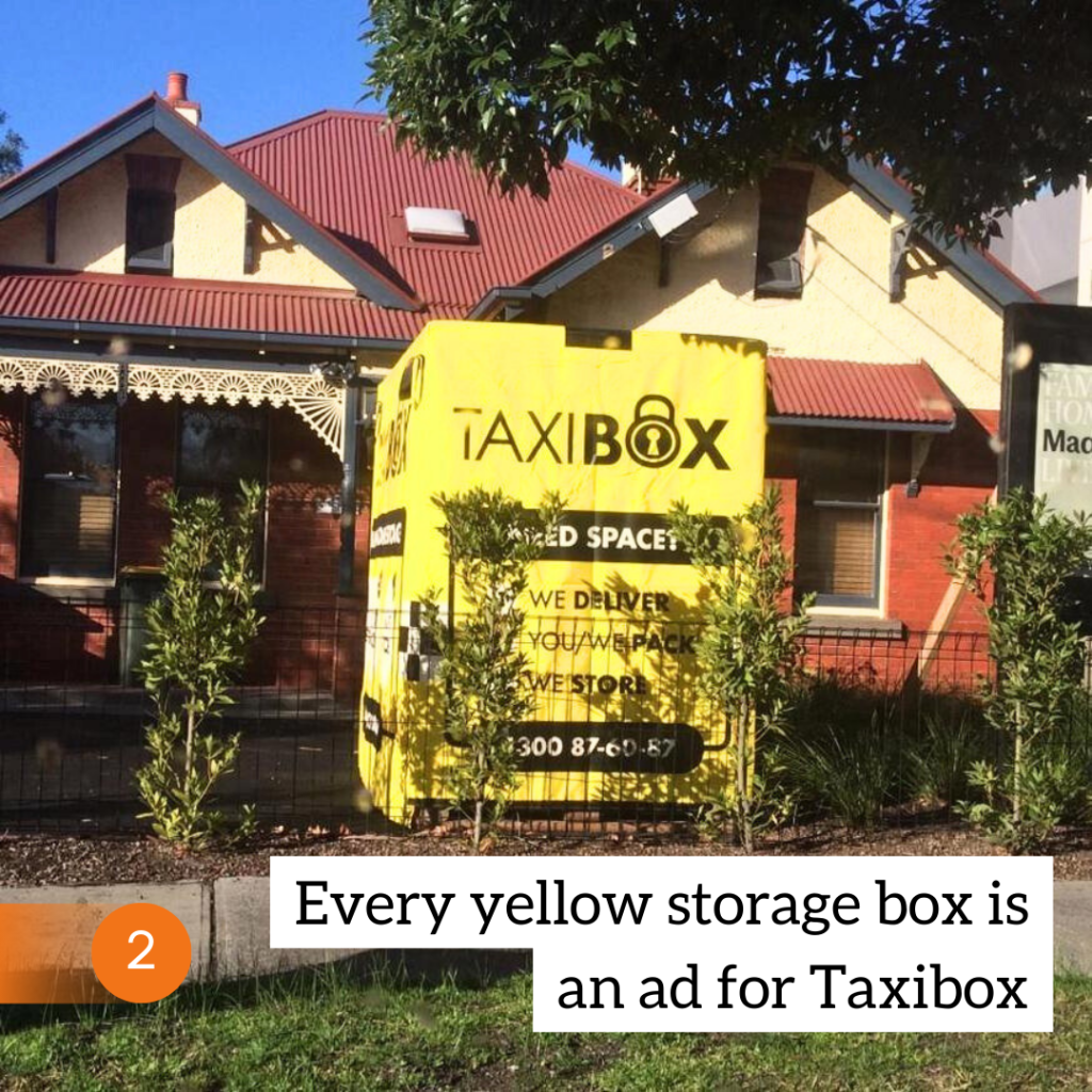 every yellow storage box is an ad for taxibox