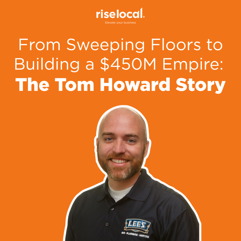 Tom Howard smiling in a Lee’s Air shirt, featured on an orange Rise Local graphic